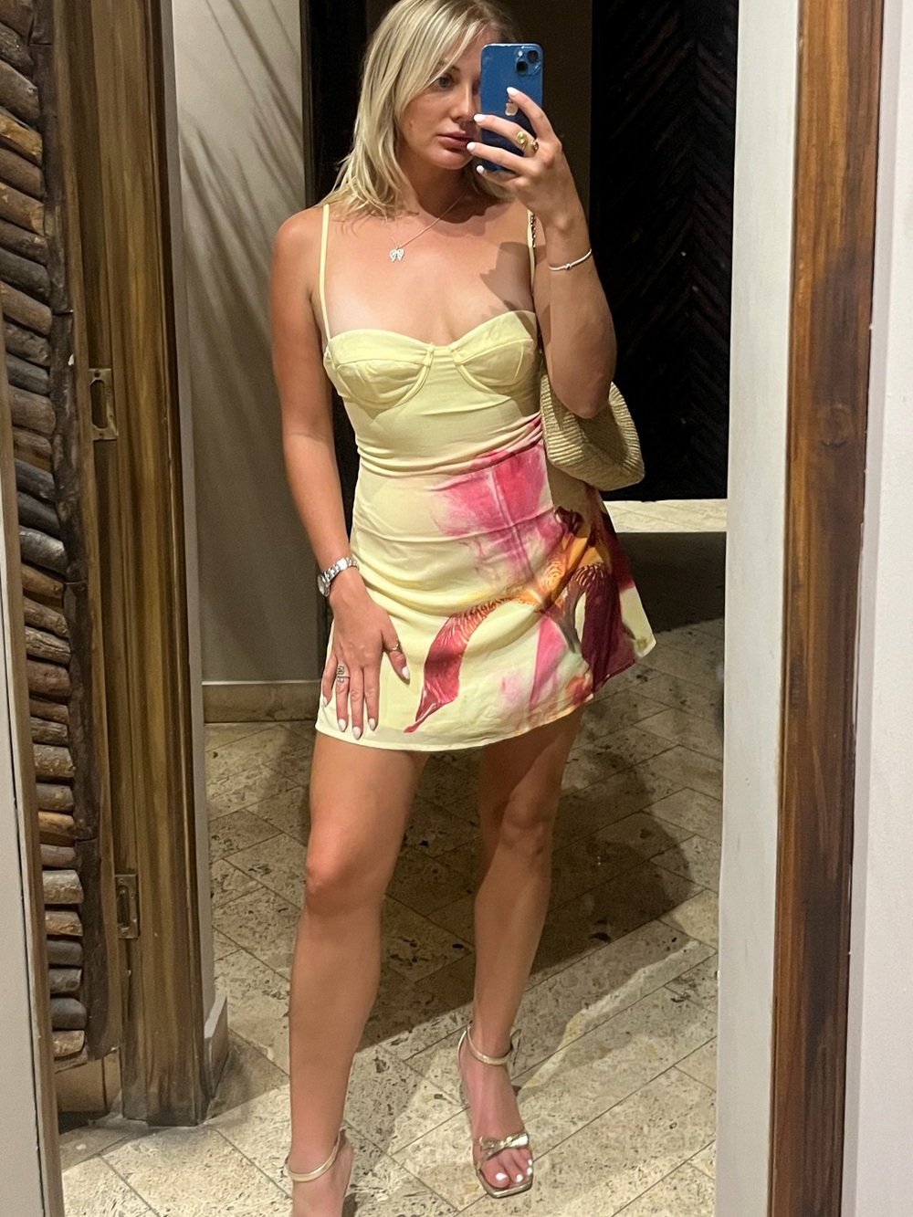 White Fox Boutique Yellow Mini Dress with Pink and Red Print
